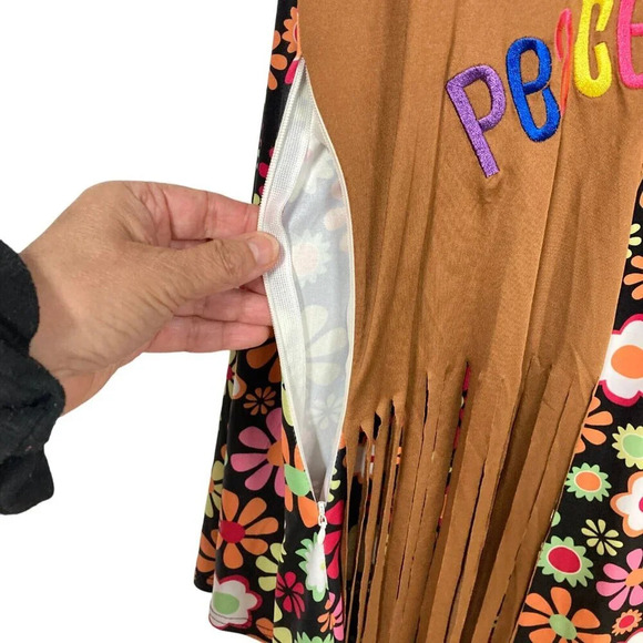Hippie Mini-Dress, Size M, 70's Flower Power Fringe Halloween Costume Faux Suede - Picture 4 of 9